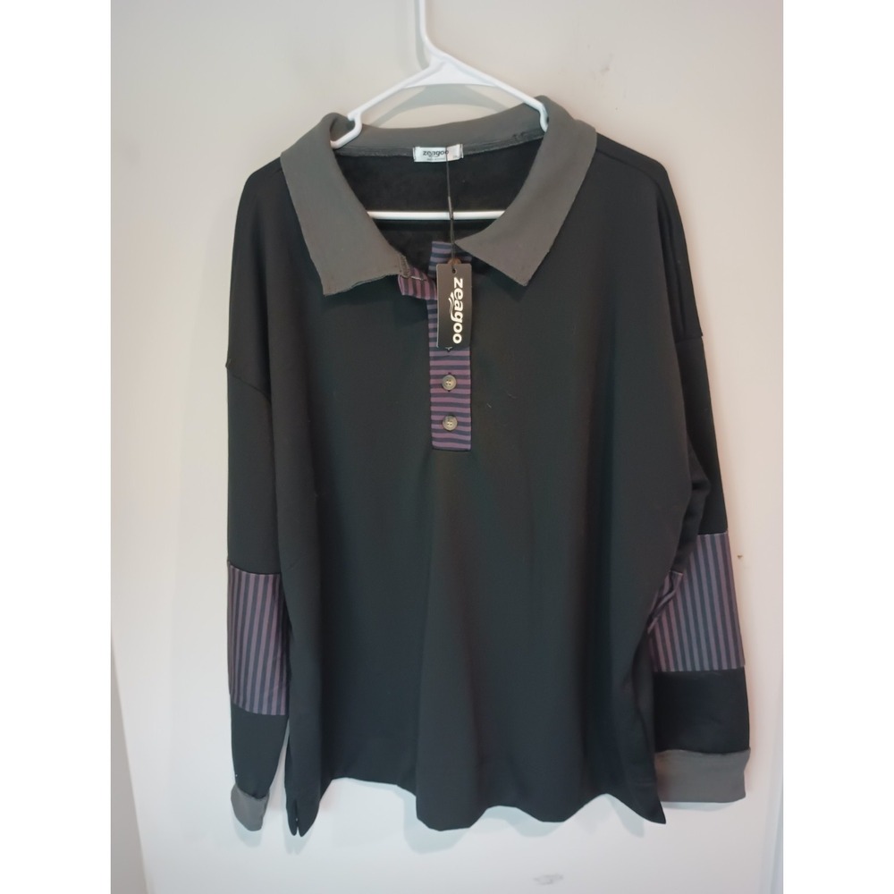 NWT Zeagoo Womens 2XL Polo Sweatshirt Long Sleeve Striped Colorblock Black Gray